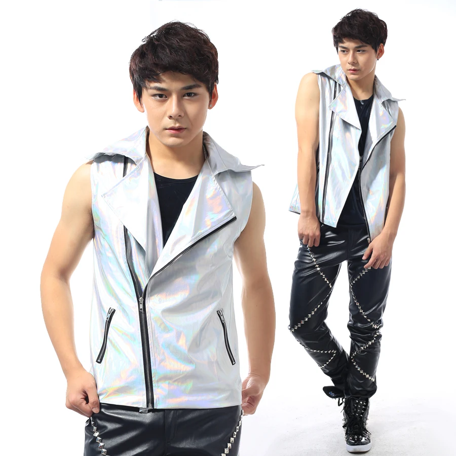 2016 модный мужской крутой серебристый лазерный жилет из искусственной кожи певец