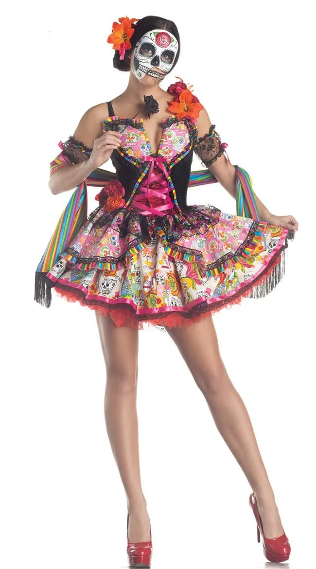 Women Sexy Sugar Skull Flower Fairy Halloween ghost vampire bride Fancy Dress Skeleton day of The Dead Carnival purim Costume |