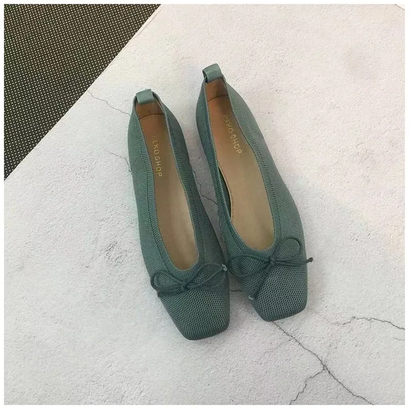 green bowknot Женские балетки на плоской подошве; дышащие вязаные Мокасины с квадратным носком; Разноцветные балетки на плоской подошве с узлом-бабочкой - Цвет: green bowknot