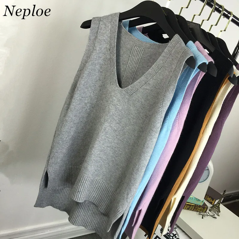 Neploe Autumn New Knitted Sweater Female Korean Loose V neck Sleeveless Preppy Style Wild Fashion Knitwear 65826 | Женская одежда