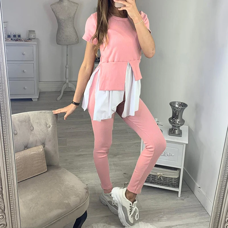 

Summer Womens 2 Pieces Set Crew Neck Long Pants Hot Sale Ladies Outfit Short Sleeve Ruffle T Shirt Multicolor Long Skinny Pants