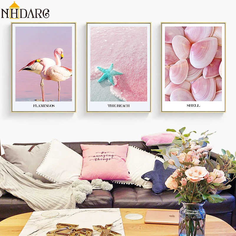 

Nordic Scandinavian Pink Shells Flamingos Starfish Canvas Art Print Painting Poster Wall Pictures For Living Room Home Decor