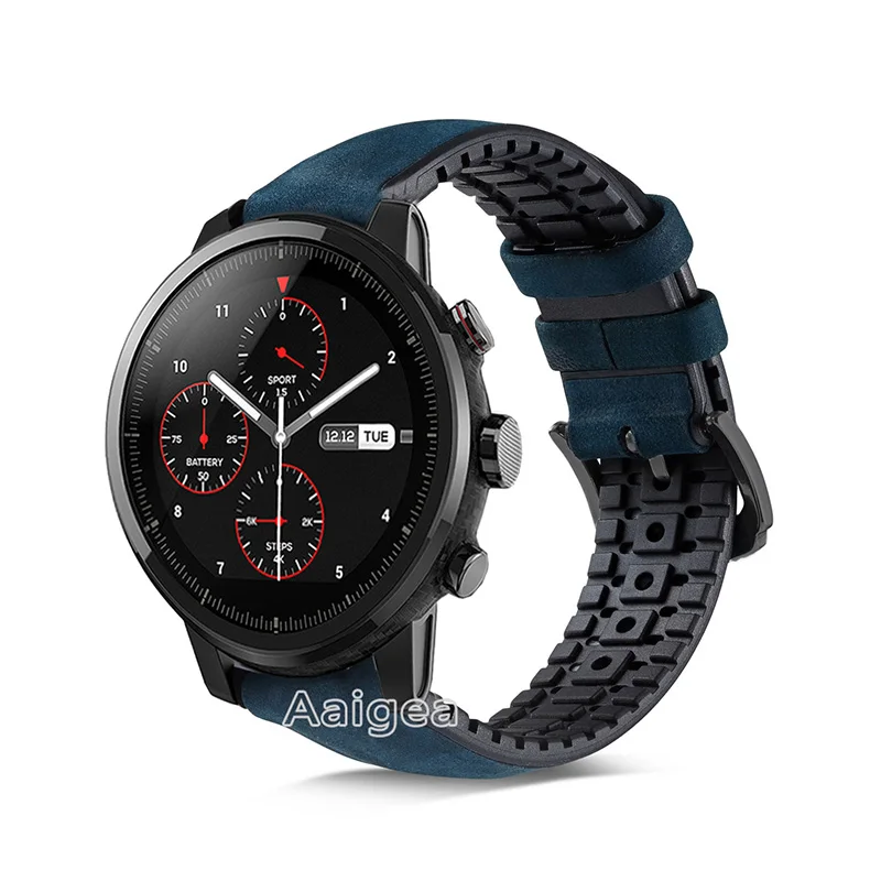 Matte Blue 22 мм кожаный силиконовый ремешок для часов, ремешок для Xiaomi Huami Amazfit Strato, спортивные часы 2, сменный мужской Т-образный ремешок, браслет для мужчин - Цвет: Matte Blue