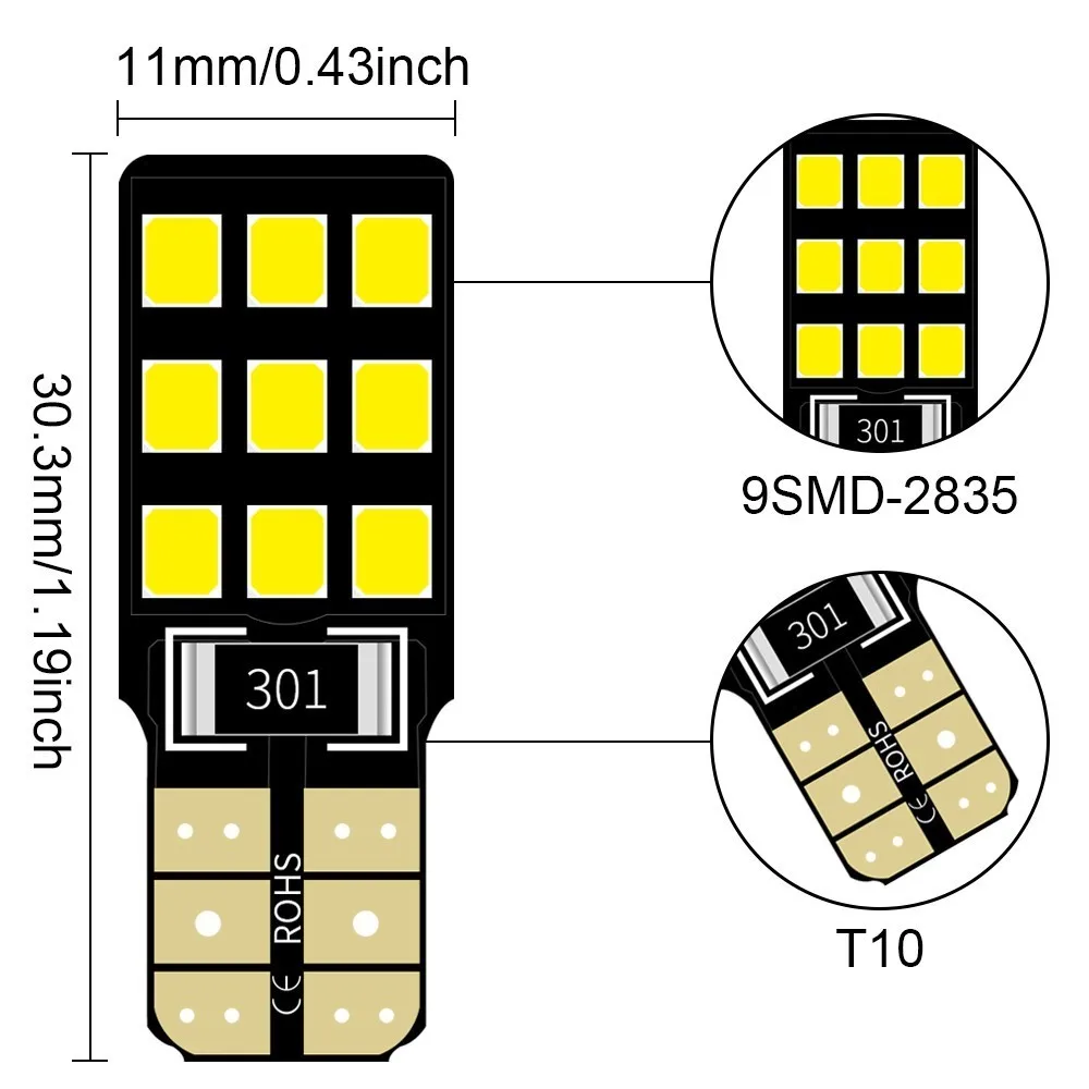 Светодиодный светильник T10 W5W 9 SMD 194 168 2835 2 шт. лампа для номерного знака