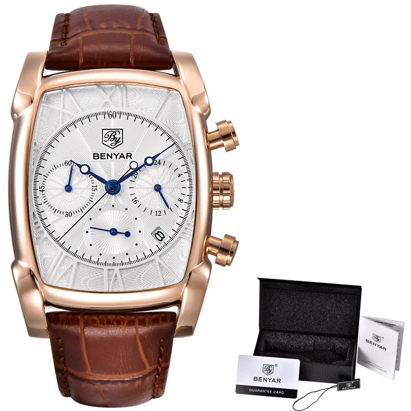 BENYAR новые модные мужские s часы лучший бренд класса люкс Большой циферблат военные кварцевые часы кожаные водонепроницаемые спортивные хронограф часы мужские - Цвет: rose gold white F