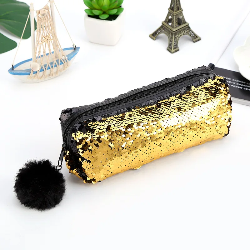 Girls School Pencil Case with Reversible Sequin Hairball, Cute and Kawaii Stationery Gift - Student Supplies image 3