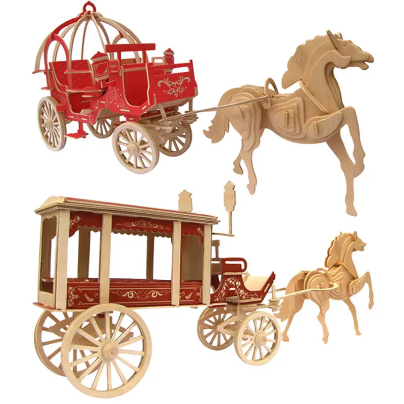 

3D Puzzle Wooden DIY Creative Model Toy Carriage Wood Gift Craft Home Decoration Horse Animal