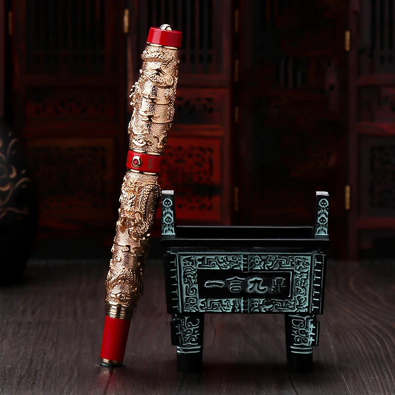 GoldRed-with Holder Jinhao двойной дракон/змеиная винтажная Роскошная авторучка/ручка держатель полностью Металлическая резьба тиснение Тяжелая Подарочная Ручка Коллекция - Цвет: GoldRed-with Holder