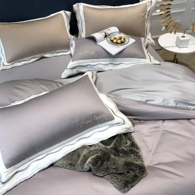 Серое, розовое, красное постельное белье, набор постельного белья queen King size, набор постельного белья из хлопка с вышивкой, набор постельного белья с пододеяльником
