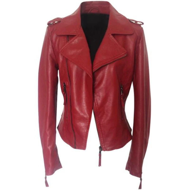 

2017 Fashion Cropped Female Motorcycle Biker Leather Jacket Women Red Black Plus Size 4XL 46 48