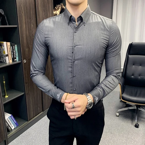Серый Новые формальные рубашки для мужчин офисное платье бизнес Ropa Hombre Elegante серые белые рубашки мужские розовые Camisa Social Masculina осень - Цвет: Серый