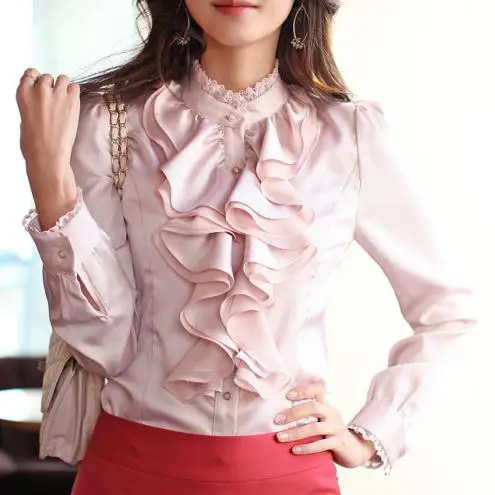 Женская атласная блузка с длинными рукавами кружевной воротник стойка буффами и