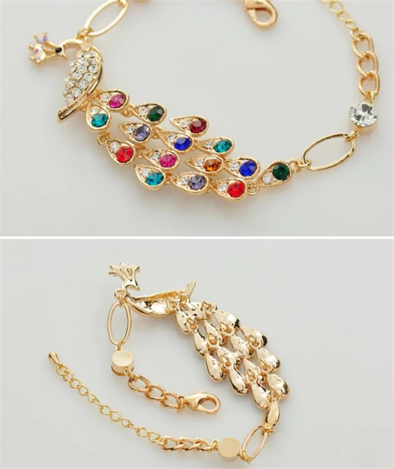 2019 Fashion Colorful Peacock Bracelet Shiny Rhinestone Phoenix For women Gold Chain Jewelry Gift pulsera | Украшения и
