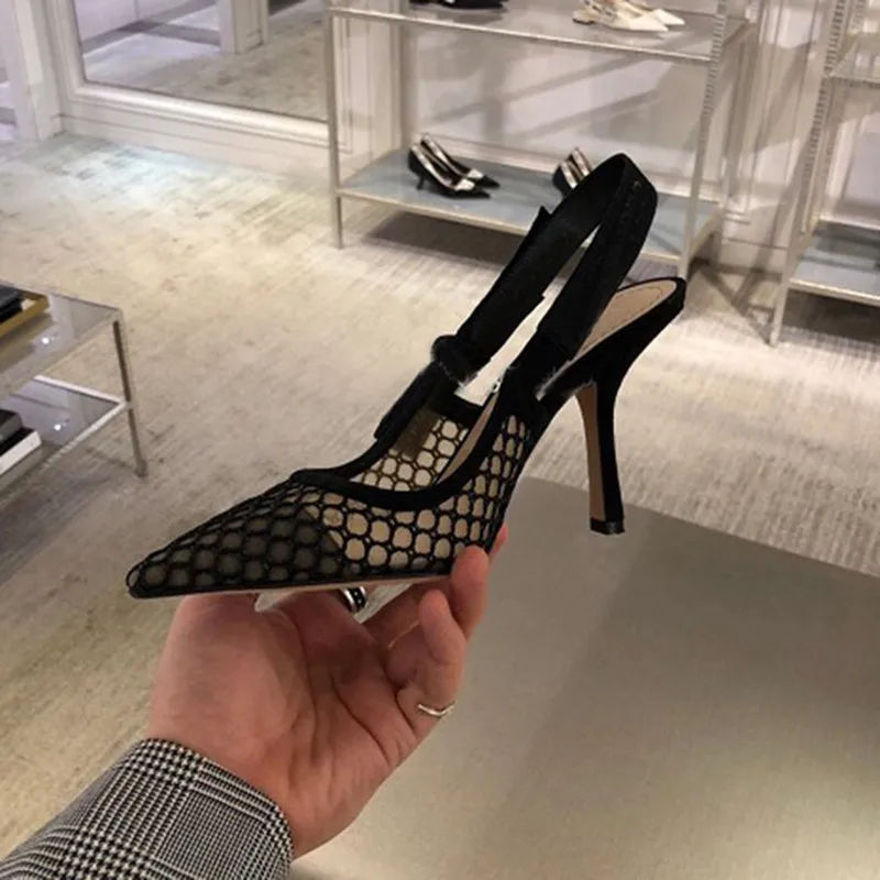 

Black Women Breathable Hollow Out Mesh Sandals Pointed Toe Summer Cages Ballerina Sandals high heel and flat for choose