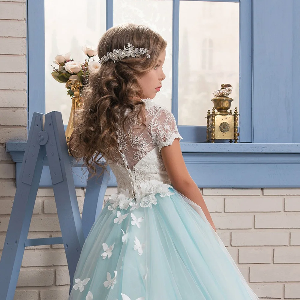 NL001 Europe and America new short-sleeved Court Princess Dress Performance Ball bow flower wedding dress Lace Girl | Детская одежда и