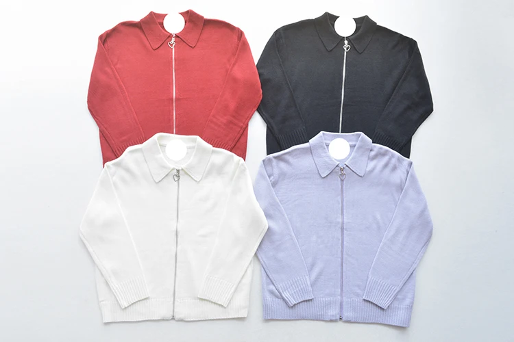 Cute Pure Color Heart Zipper Women's Sweater Preppy Style Long Sleeve Turn Down Collar Knitted Cardigan Teen Girls Sweaters 2018 |