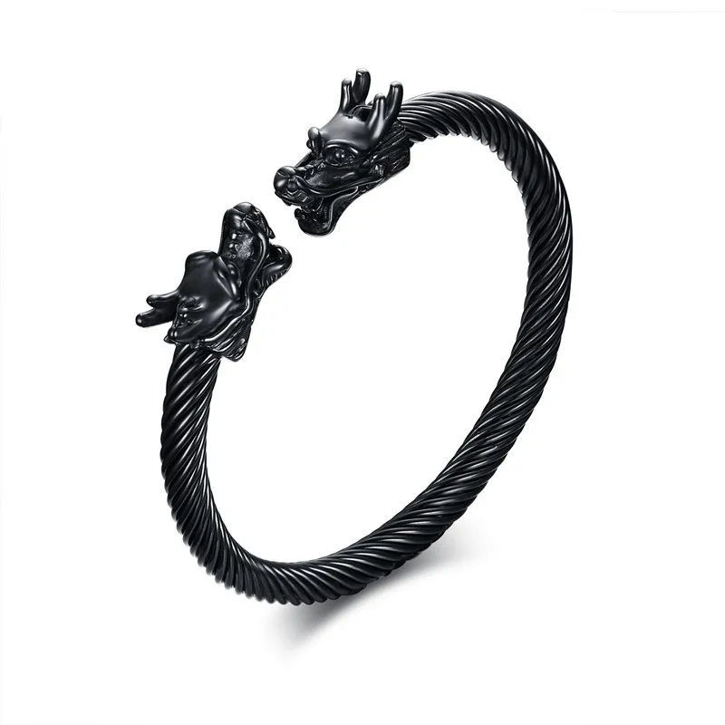 B-095BB-001 Naga двойной головы Дракон терминал браслет для мужчин Нержавеющая Сталь Витой Кабель манжета Регулируемый эластичный мужской ювелирные изделия - Окраска металла: B-095BB-001