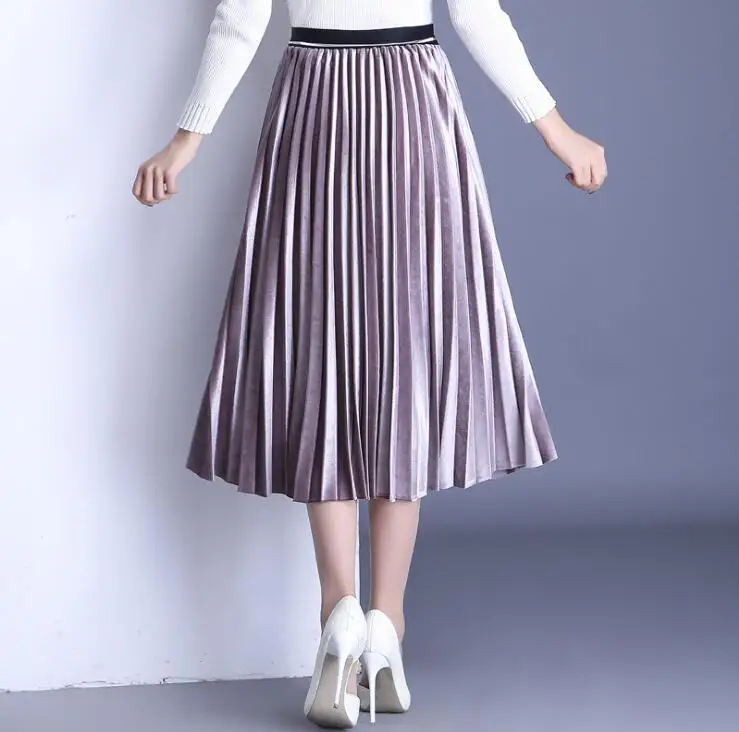

FOLOBE 2020 Autumn Winter Women Elegant Pleated Skirt Elastic High Waist Women Long Skirt Female Ladies High Quality Midi Skirt