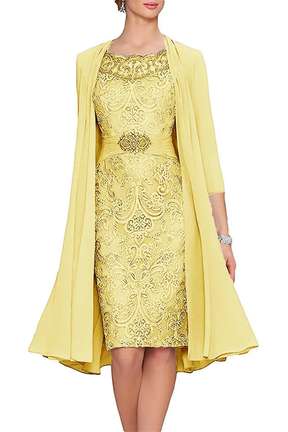 

Knee Length Bride women Dress Short Chiffon Jacket Wedding Guest Gown