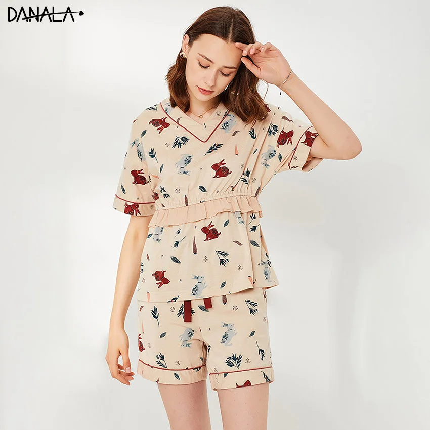 Женский пижамный комплект DANALA 100% хлопок с шортами летняя домашняя одежда |