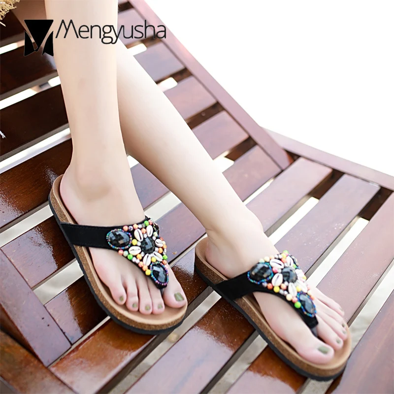 Богемные в виде ракушки украшения Сандалии из пробки для женщин красочные стразы