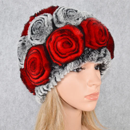 grey red 3 Зимняя шапка из меха кролика Рекс женская вязаная натуральный мех кролика рекс цветы шапочки шапки Теплый мягкий Настоящий мех кролика шапки - Цвет: grey red 3