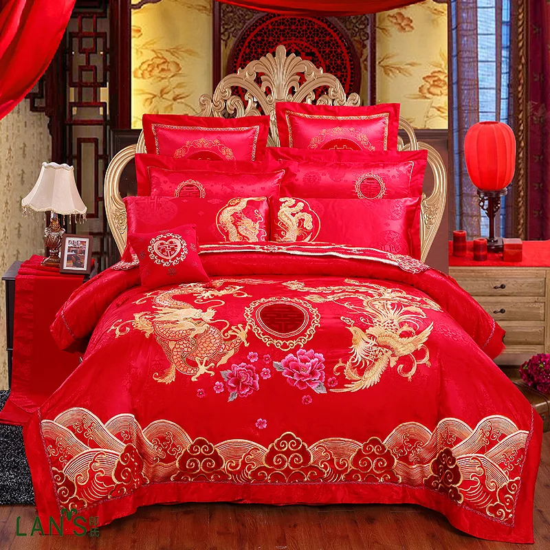 2018 Luxury Shiny Red Jacquard 4pcs Bedding Sets 100%cotton Dragon Embroidery Duvet Cover Bed Sheet Pillowcases Queen King Size | Дом и сад
