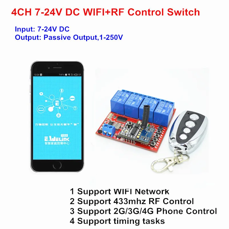 7 В 9V 12V 24 DC 4CH удаленного Управление выключатель света WI FI сети реле прерыватель РФ