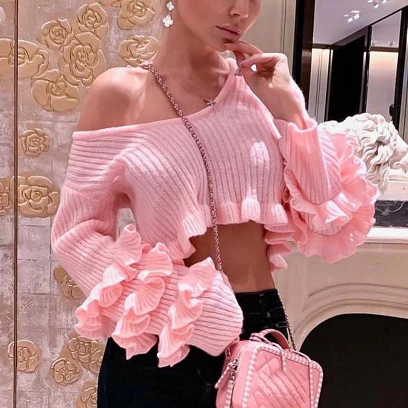 Women Clothing Ruffles O Neck Long Sleeve Pink Slim Sexy Slash Sweater Office Ladies Short Style Fashion Knitwear SJ2915M | Женская