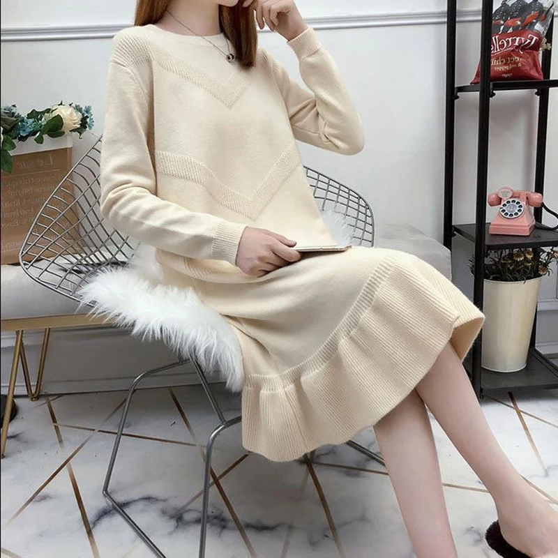 

Autumn Winter Women Sweater New Solid Pullover Knitwear Sweater O-neck Long-sleeved Medium-length Sweater Female Clothes YF218