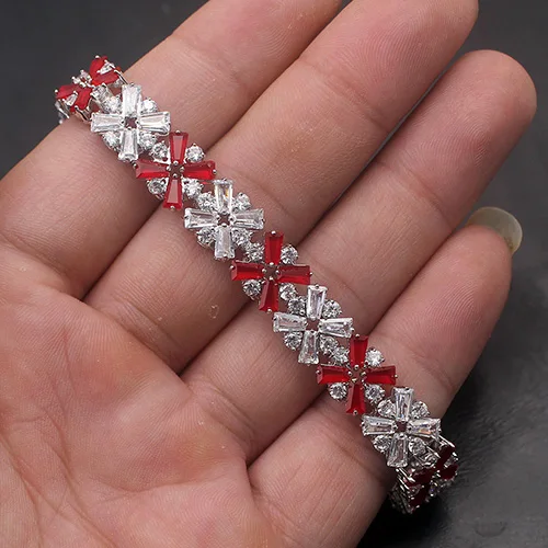 38% OFF Natural Gems Stone Shiny 925 Sterling Silver Tennis Chain Links Bracelet Women Jewelry 7 8 inch - Окраска металла: red white