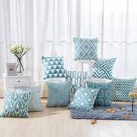 home decor emboridered cushion cover blue geometric canvas cotton suqare embroidery pillow cover 45x45cm