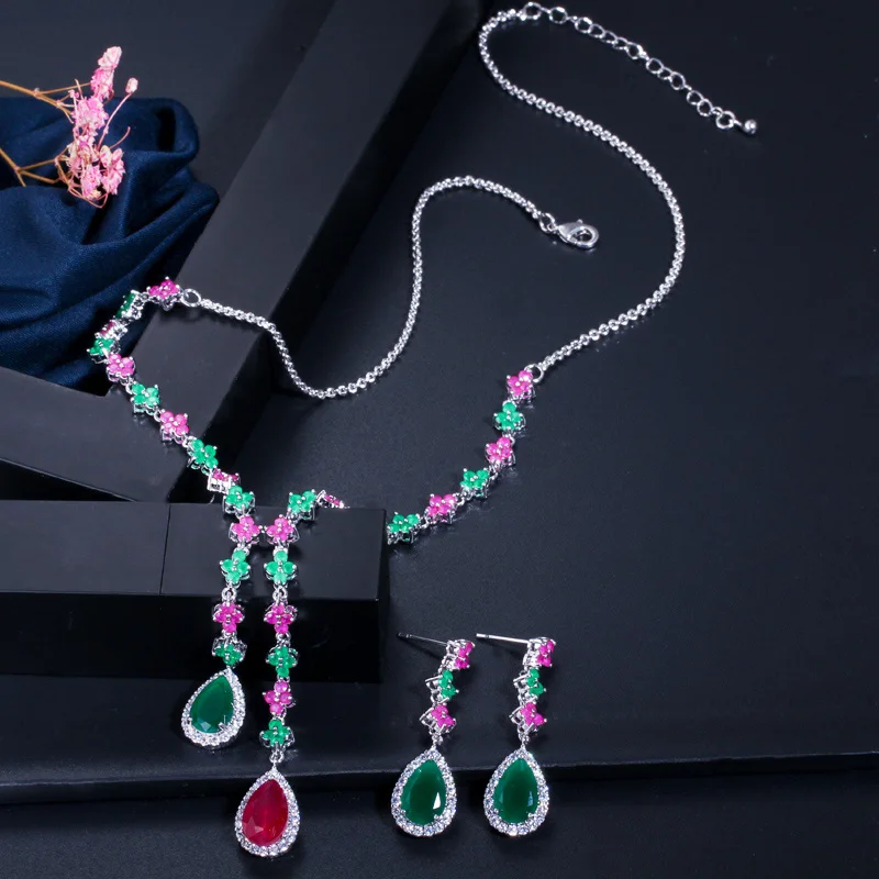 Комплект из колье и серёг с разноцветным фианитом|jewelry sets for women|party jewelry setjewelry |