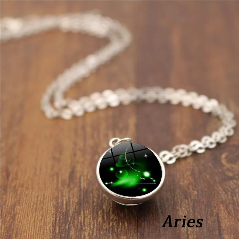 Aries 12 Созвездие двухсторонний шар стеклянный кулон ожерелье Знак зодиака персонализированные ювелирные изделия Серебряная цепочка Ожерелье для мужчин и женщин Подарки - Окраска металла: Aries