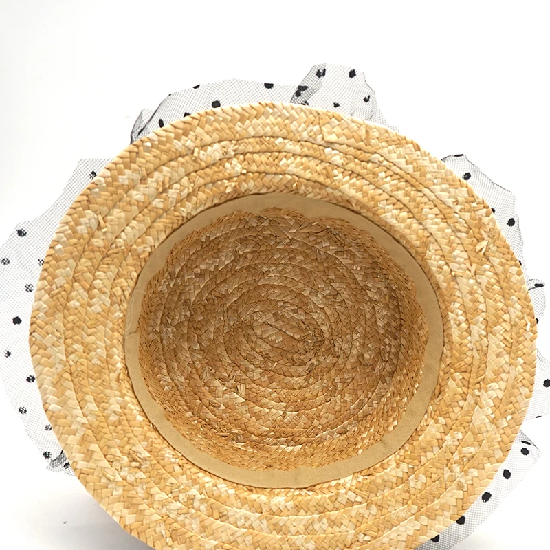 Женская соломенная шляпа ручной работы Черная кружевная пляжная с большими