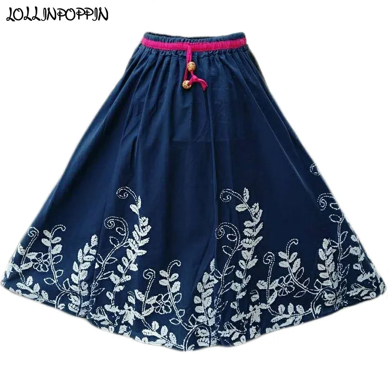 Женская длинная юбка из хлопка и льна винтажная голубая с принтом листьев цветов