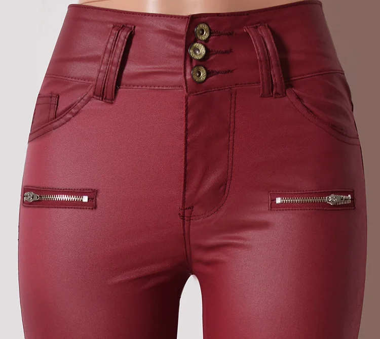 2019 High Waist Pants Wine Red PU Leather Skinny Pencil Full-Length Coated Stretchable Fashion Sexy Women |