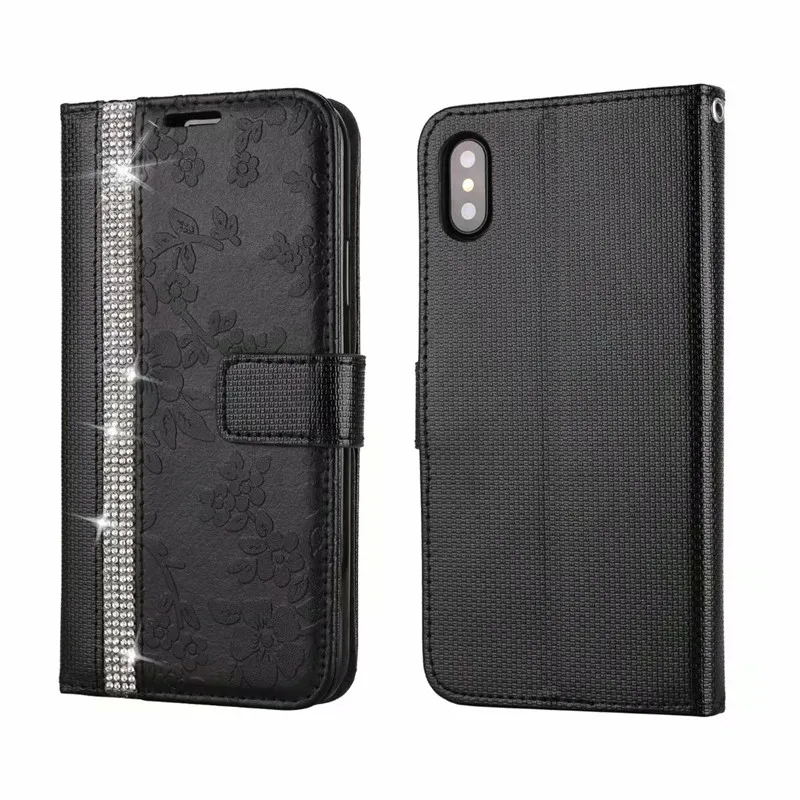 black Для iphone X XS Max XR чехол Блестящий Роскошный PU кожаный чехол для iphone 6 6S 7 8 Plus 5 5S SE алмазный горный хрусталь флип чехол-кошелек - Цвет: black