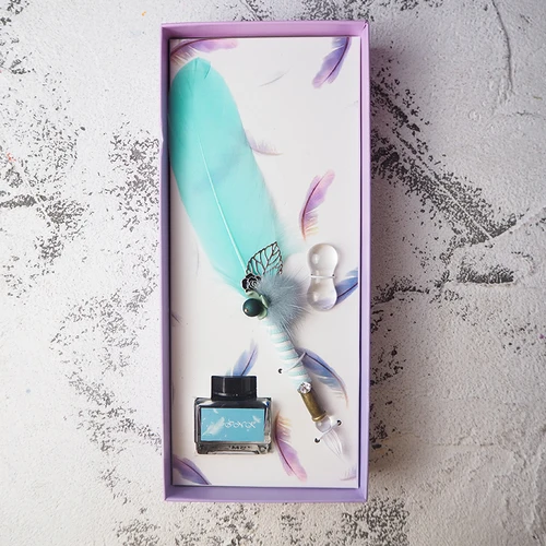 Aquamarine feather JUGAL Милая перьевая Стеклянная Ручка Dip Pen Золотая пудра чернила высокого класса Подарочная коробка набор перьевых ручек школьные принадлежности для письма товары для творчества - Цвет: Aquamarine feather