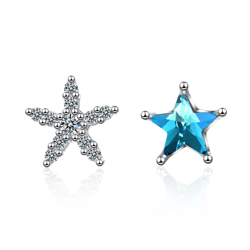 

KOFSAC New Fashion 925 Sterling Silver Stud Earrings For Women Party Charm Blue Crystal CZ Asymmetry Star Earring Jewelry Gifts