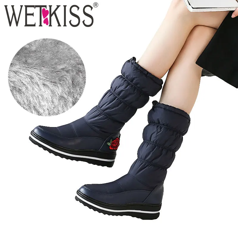 Женские сапоги до середины икры WETKISS теплые зимние на платформе с вышивкой и