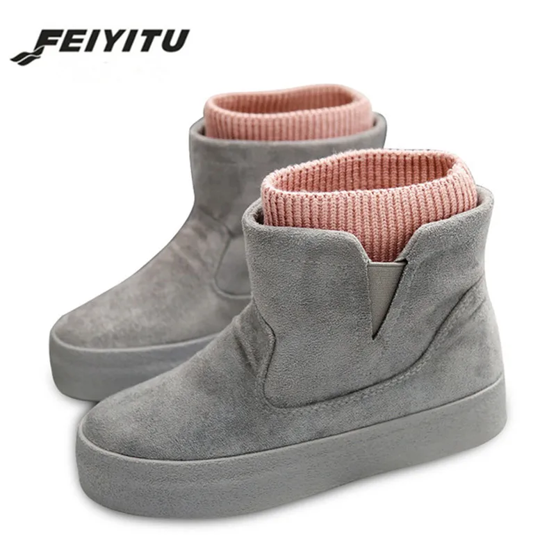 Feiyitu/зимние ботинки Botas Mujer Новинка 2018 года Женские Модные флоковые ботильоны на