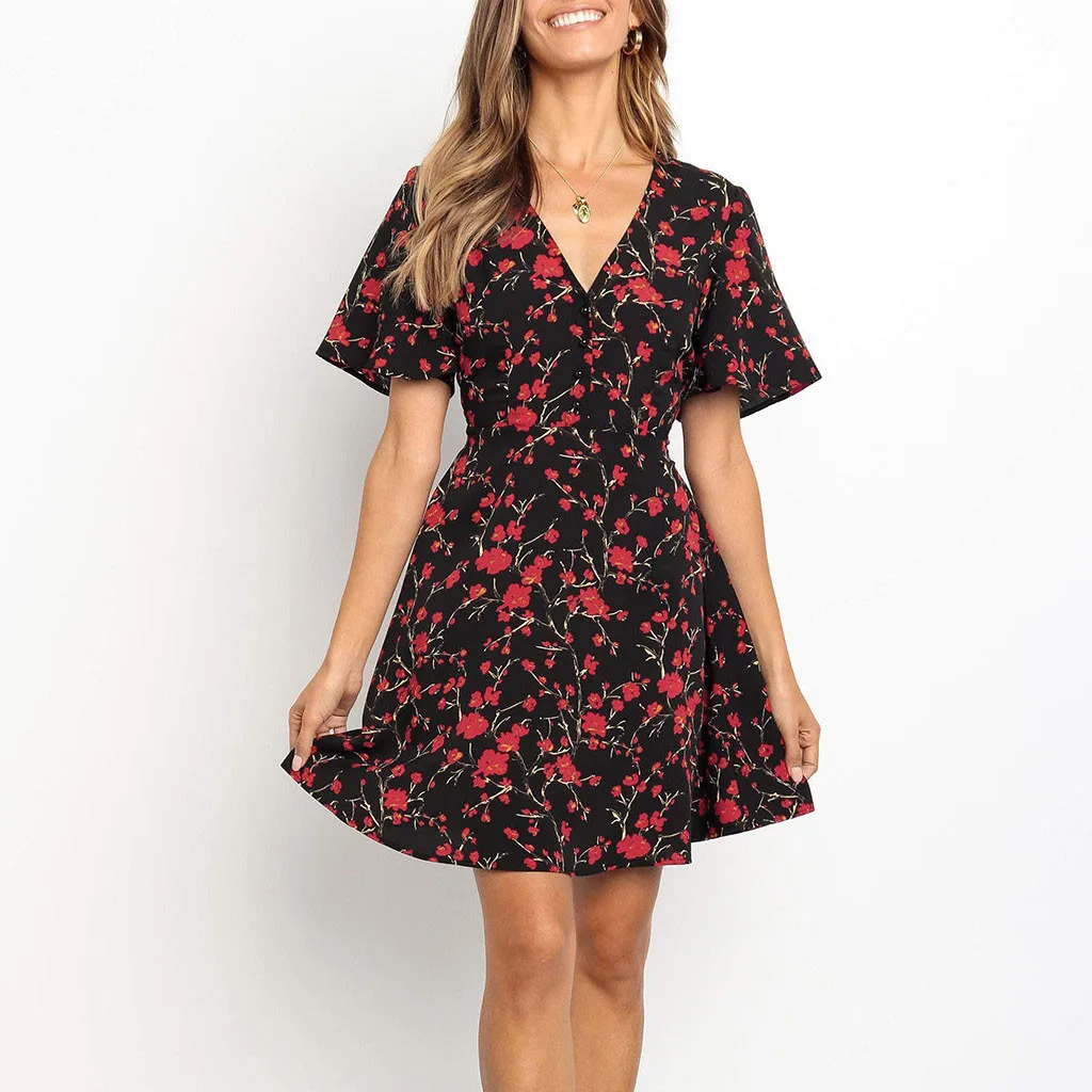 Женское мини-платье с v-образным вырезом и принтом платье принцессы без рукавов