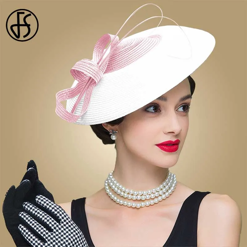 Pink White Fedora Женская соломенная шляпка-«таблетка» FS, винтажная шляпка для церкви и торжественных случаев, черно-белая, летняя - Цвет: Pink White Fedora