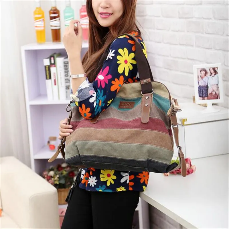 Pretty sac модные радужные полосатые женские холщовые сумки на плечо Повседневная