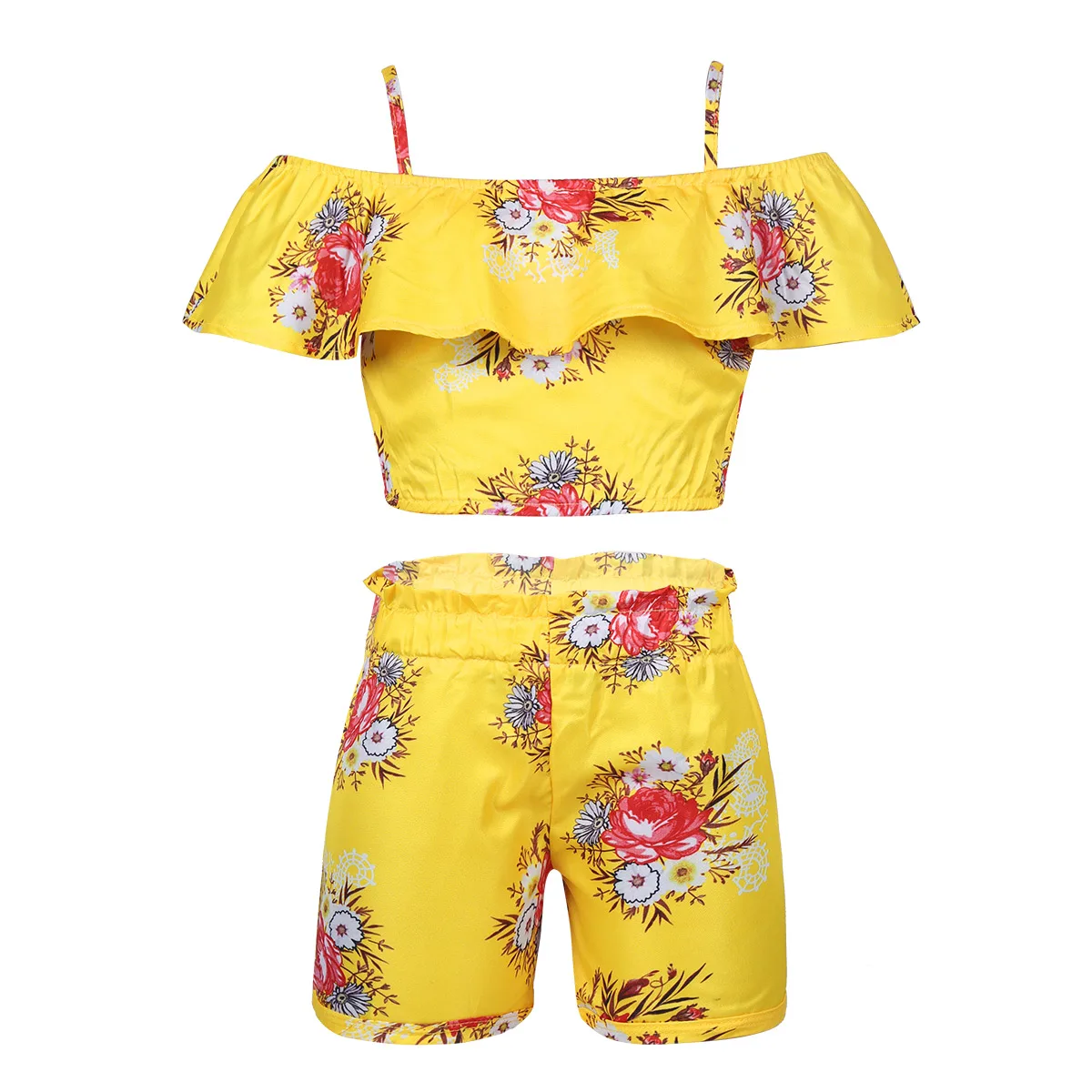 Yellow Комплект из 2 предметов, желтая детская одежда на бретельках с цветочным принтом и открытыми плечами для девочек, топы с оборками и шорты с высокой талией, комплект одежды - Цвет: Yellow
