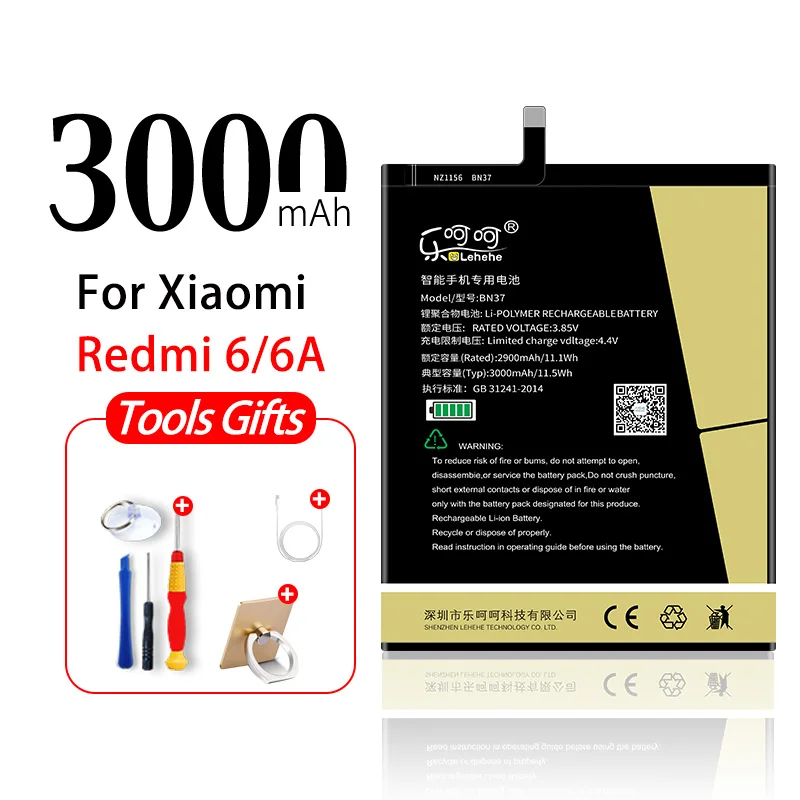 Аккумулятор LEHEHE BN37 для Xiaomi Redmi 6 Hongmi 6A 3000 мАч, высококачественный аккумулятор для мобильного телефона, Замена с инструментами, подарок - Цвет: BN37