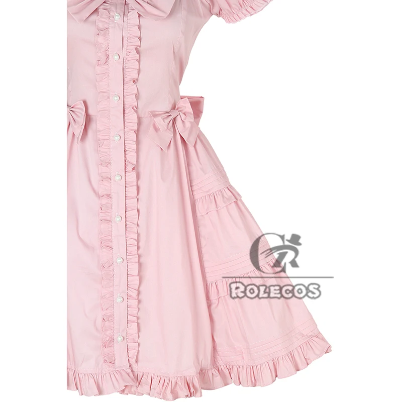 

ROLECOS Brand New Women Lolita Dress Color Pink Short Sleeve Ruffles Hem Bowknot Cosplay Costumes Vintage Women Party Costumes