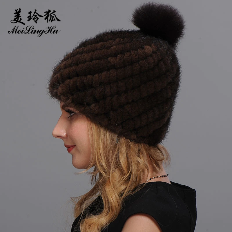 Real Mink and Fox Fur Hat Cap Top Pompoms Caps For Women New Thicken Female Winter Knitted Hats Beanies | Аксессуары для одежды