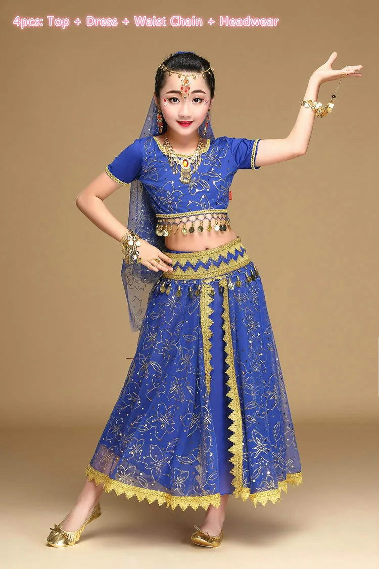 4pcs dark blue Детские восточные болливудские танцевальные костюмы, комплект, индийское танцевальное платье, костюм, костюмы для девочек, танец живота, одежда для выступлений - Цвет: 4pcs dark blue
